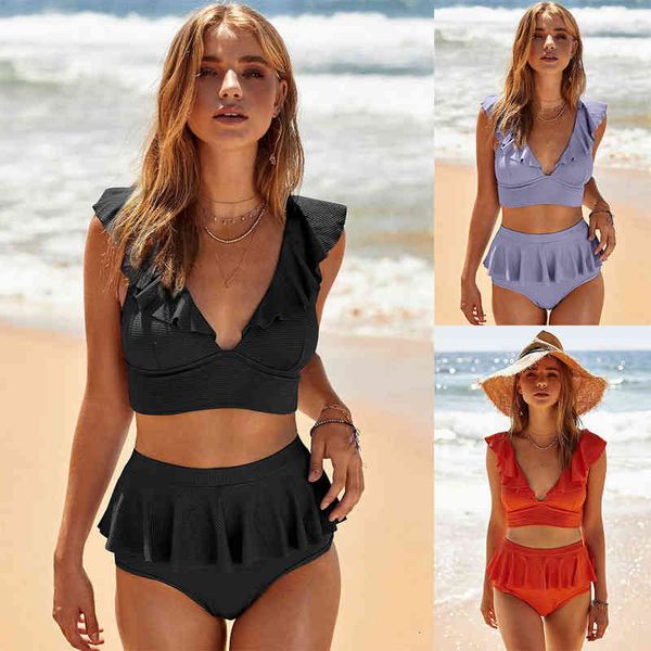 designer swimwear bikini high waist split solid v-neck women's ruffle bikini beach swimsuit, White;black
designer swimwear bikini high waist split solid v-neck women's ruffle bikini beach swimsuit, White;black
