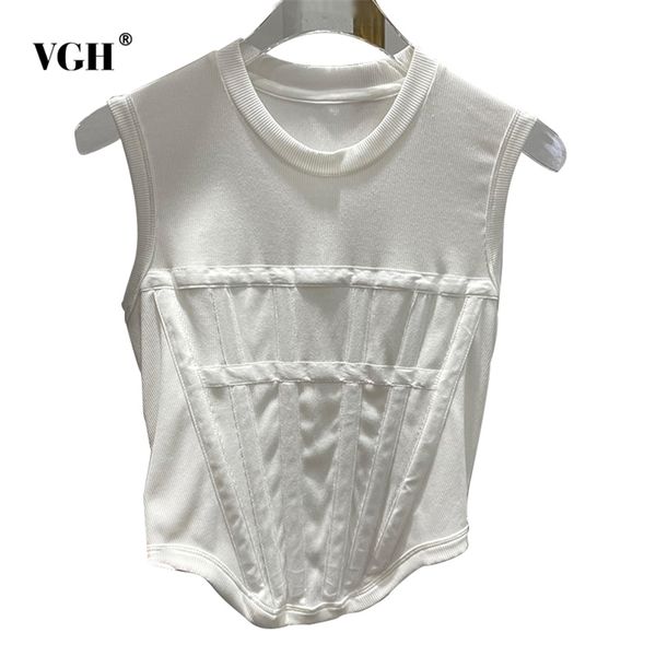 vgh casual white t shirt for women o neck sleeveless patchwork buckle korean slim shirts female summer fashion clothing 220321
vgh casual white t shirt for women o neck sleeveless patchwork buckle korean slim shirts female summer fashion clothing 220321