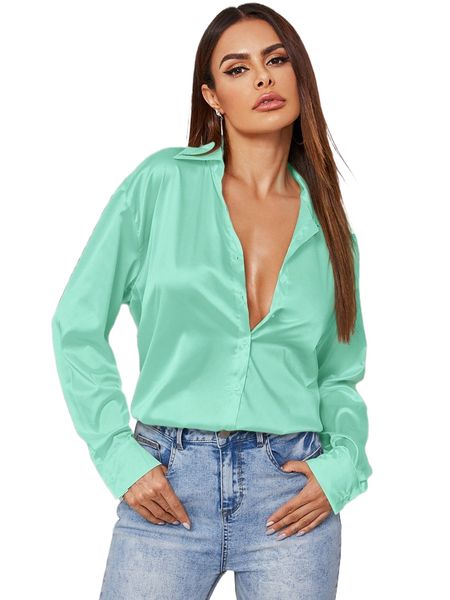 satin button up curved hem blouse b9tt#, White
