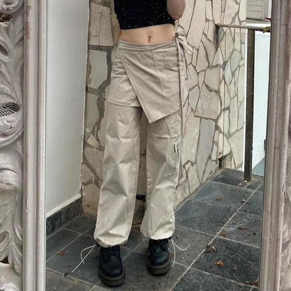 women high waist solid cargo pants y2k clothes summer loose casual fake two trousers black female streetpants, Black;white
women high waist solid cargo pants y2k clothes summer loose casual fake two trousers black female streetpants, Black;white