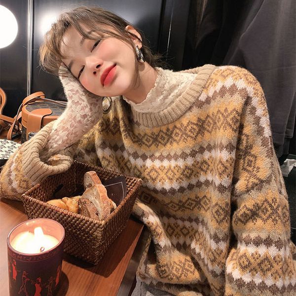 retro jacquard pullover sweater autumn and winter new design loose long-sleeved women's, White;black
retro jacquard pullover sweater autumn and winter new design loose long-sleeved women's, White;black