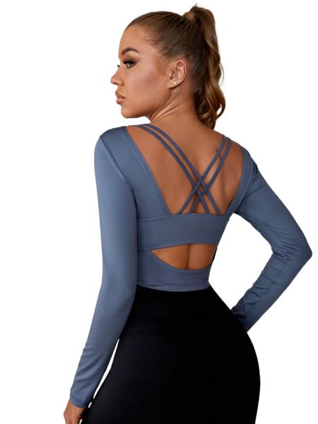 crisscross backless crop sports tee a1nd#, Gray