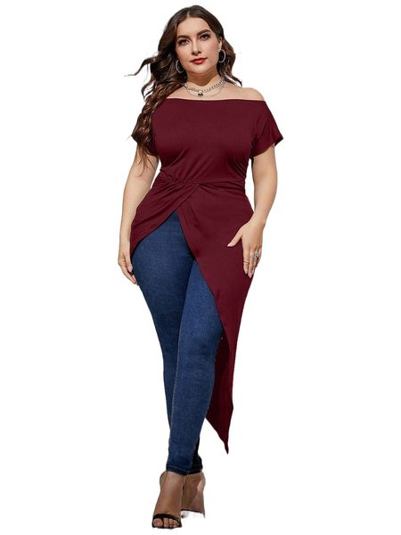 plus off shoulder asymmetrical hem tee q52i#, Black
plus off shoulder asymmetrical hem tee q52i#, Black