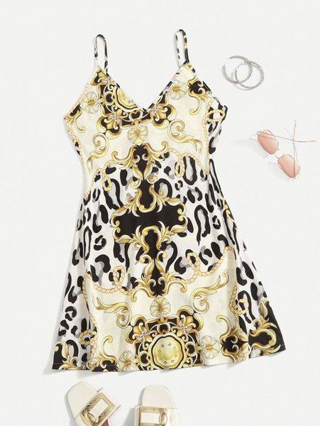 baroque & leopard print cami dress y4h0#, Black;gray