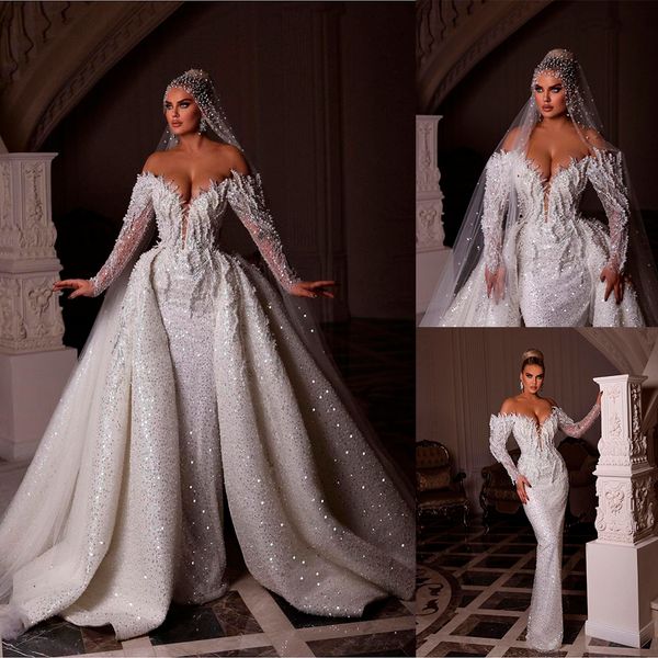 glamorous pearls wedding dresses sweetheart sequined bridal gown custom made long sleeves detachable train robes de mariée, White
glamorous pearls wedding dresses sweetheart sequined bridal gown custom made long sleeves detachable train robes de mariée, White