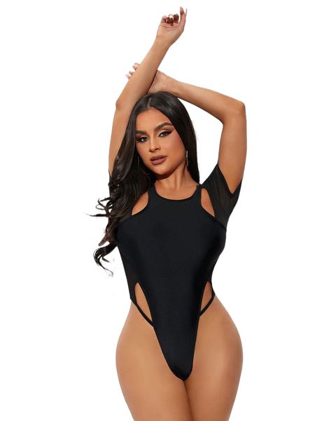 solid cut out high leg one piece swimsuit y11e#, White;black