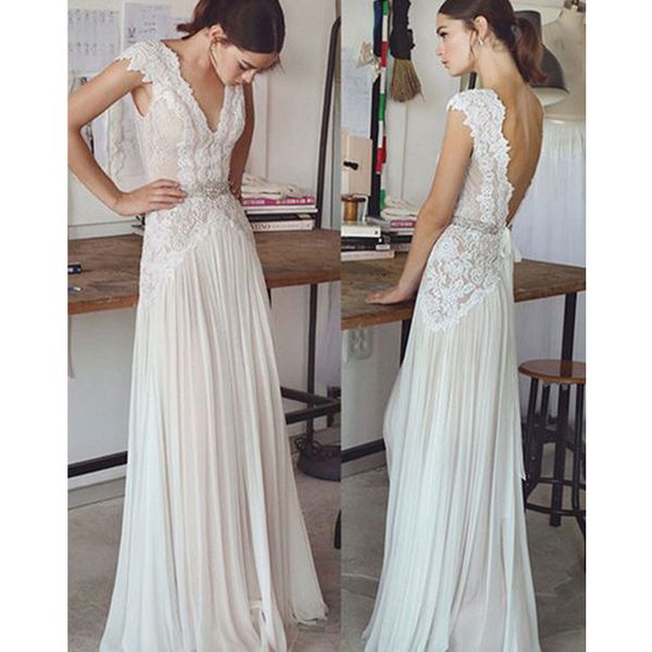 backless a-line wedding dresses v-neck cap sleeve appliques lace with crystal sash chiffon bridal gowns vestido de novia, White
backless a-line wedding dresses v-neck cap sleeve appliques lace with crystal sash chiffon bridal gowns vestido de novia, White