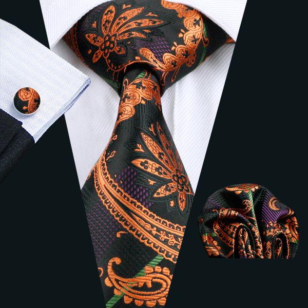 

оранжевый галстук для мужчин классический шелковый носовой платок запонки набор жаккардовые тканые формальные рабочая встреча досуг н-0274, Black;blue