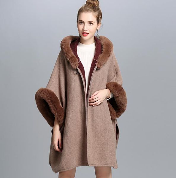 

new autumn winter women's loose hooded poncho wool blends faux fur collar cuff cardigan shawl cape cloak outwear coat c3196, Black