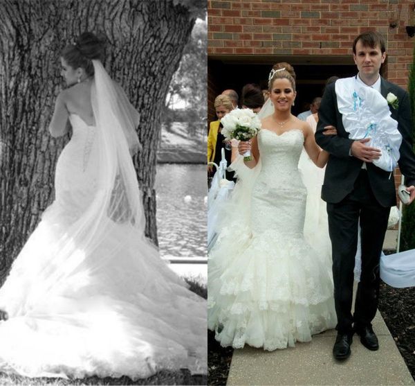 modest mermaid tiered wedding dresses 2016 with cathedral train vestidos de novia chapel train lace up elegant bridal gowns, White
modest mermaid tiered wedding dresses 2016 with cathedral train vestidos de novia chapel train lace up elegant bridal gowns, White
