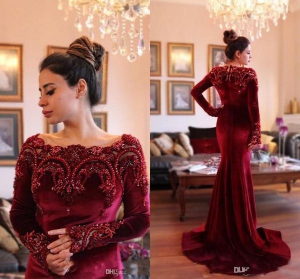 2018 gorgeous long sleeves formal evening dresses with beaded collar mermaid burgundy velvet long prom dresses celebrity party gowns, Black;red
2018 gorgeous long sleeves formal evening dresses with beaded collar mermaid burgundy velvet long prom dresses celebrity party gowns, Black;red