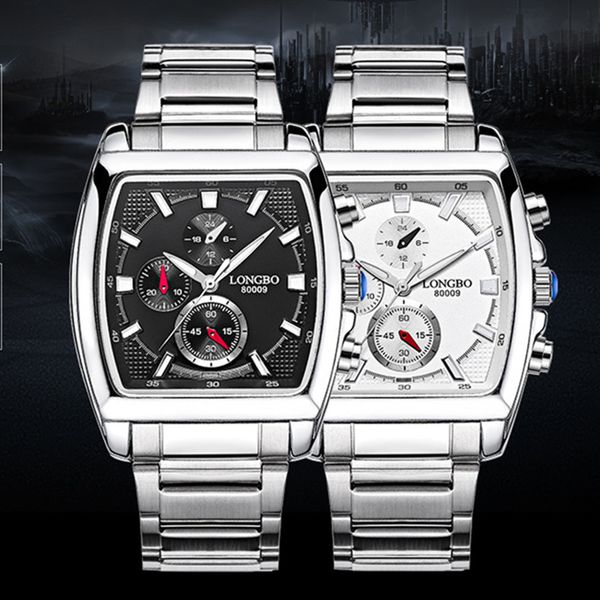 

Luxury Brand Longbo 80009 Wristwatch Business Men's Steel Luminous Quartz Watch 20M Waterproof Three Dial Rectangle Multi Function Watches