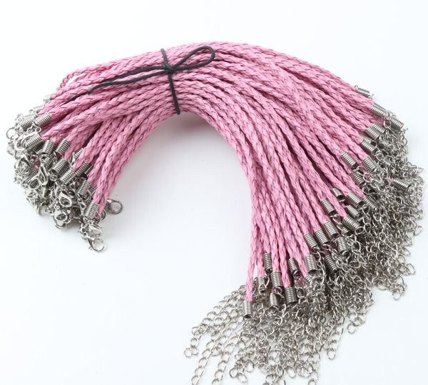 100pcs/lot New Pink Leather Braided Charm Chain Bracelets For Bead lobster Clasp Chains Jewelry DIY