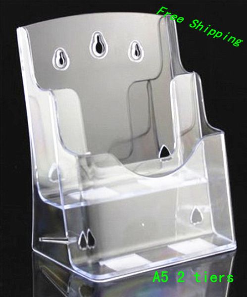 Clear A5 Two Tiers Pamphlet Brochure Literature Plastic Acrylic Display Holder Stand To Insert Leaflet On Desk4pcs Ing