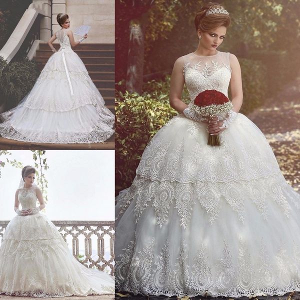spectacular lace ball gown wedding dresses sheer neck applique lace arbaic style sweep train beaded elegant garden plus size bridal gowns, White
spectacular lace ball gown wedding dresses sheer neck applique lace arbaic style sweep train beaded elegant garden plus size bridal gowns, White