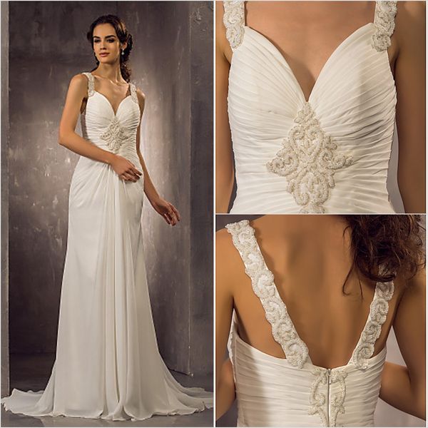 2016 new fashion classic popular ivory sweep/brush train straps beading chiffon sheath/column wedding dresses 146, White
2016 new fashion classic popular ivory sweep/brush train straps beading chiffon sheath/column wedding dresses 146, White