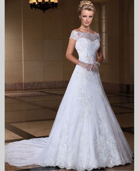 romantic short sleeves lace wedding dresses 2018 bateau appliques beaded sash court train a line wedding bridal gowns, White
romantic short sleeves lace wedding dresses 2018 bateau appliques beaded sash court train a line wedding bridal gowns, White