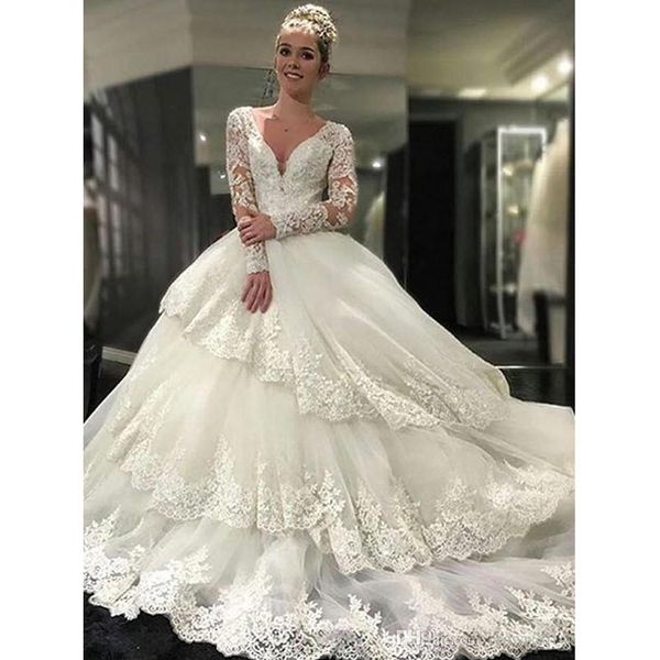 new lace ball gown wedding dresses long sleeve v-neck backless vestido de noiva tiers appliques lace bridal gowns, White
new lace ball gown wedding dresses long sleeve v-neck backless vestido de noiva tiers appliques lace bridal gowns, White