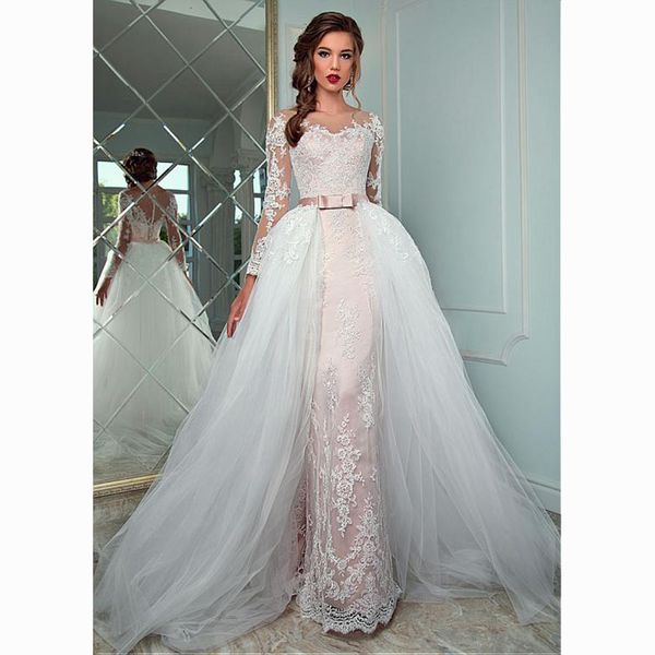 modest tulle bateau neckline detachable skirt wedding dresses elegant lace appliques sheath bridal gowns vestido de noiva plus size, White
modest tulle bateau neckline detachable skirt wedding dresses elegant lace appliques sheath bridal gowns vestido de noiva plus size, White