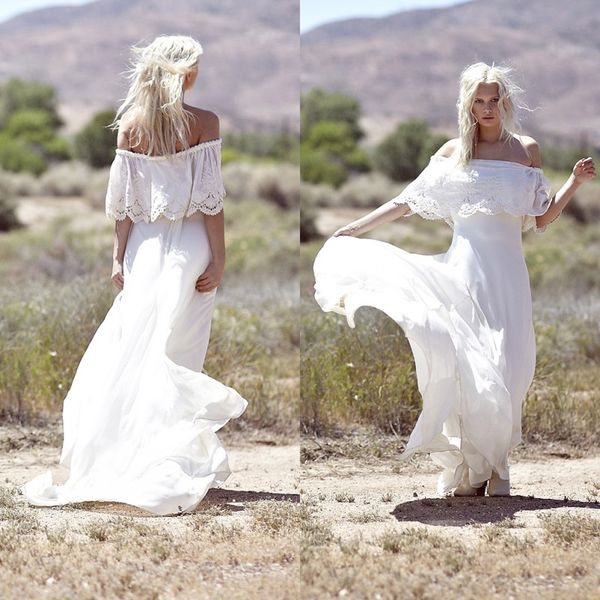 chiffon and lace off shoulder a line bohemian wedding dresses 2015 spring half sleeve back zip court train dress for country wedding en6037, White
chiffon and lace off shoulder a line bohemian wedding dresses 2015 spring half sleeve back zip court train dress for country wedding en6037, White