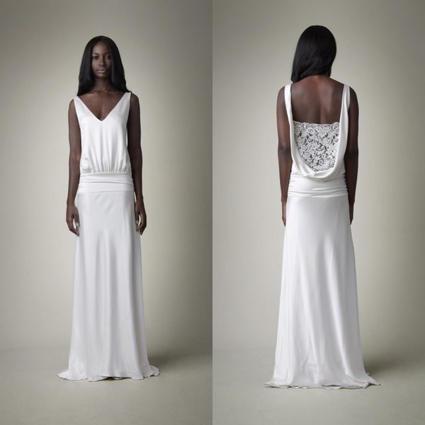 new drop waist wedding gown sheath v neck sleeveless draped back sheer lace formal long bridal gowns, White
new drop waist wedding gown sheath v neck sleeveless draped back sheer lace formal long bridal gowns, White