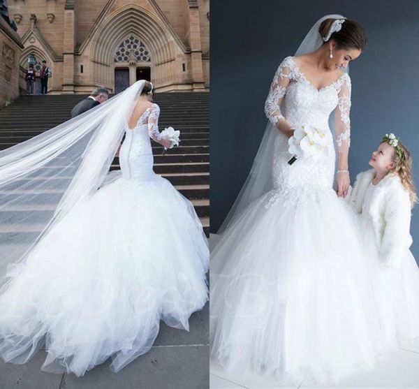 long sleeves v-neck mermaid wedding dresses 2018 modest lace appliques abiti da sposa tulle trumpet bridal gowns, White
long sleeves v-neck mermaid wedding dresses 2018 modest lace appliques abiti da sposa tulle trumpet bridal gowns, White