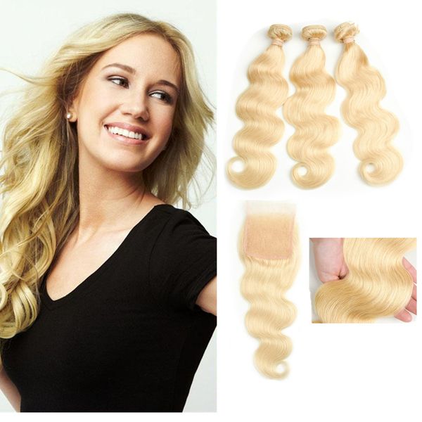 

8a норки бразильские девственные волосы # 613 светлые человеческие волосы расслоение кружева закрытие отбеливатель блондинка волна тела 3 пу, Black;brown