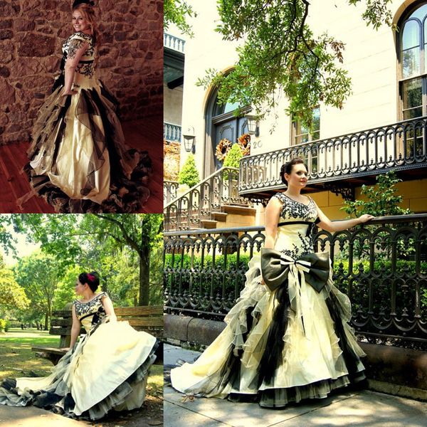 exquisite yellow gothic wedding dresses vintage inspired v-neck big bow ruched black appliqued sweep train corset halloween bridal gown, White
exquisite yellow gothic wedding dresses vintage inspired v-neck big bow ruched black appliqued sweep train corset halloween bridal gown, White