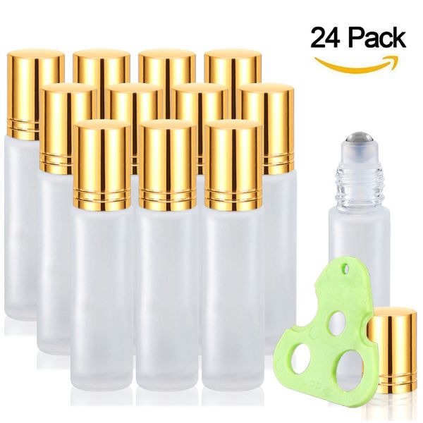 24 pack 10ml frosted glass roller bottles with stainless steel roller balls, essential oils key tool (gold caps
24 pack 10ml frosted glass roller bottles with stainless steel roller balls, essential oils key tool (gold caps