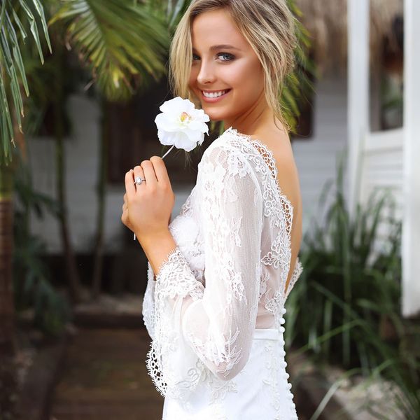 boho beautiful lace wedding dresses long sleeve backless see through bodice mermaid bridal gowns custom made, White
boho beautiful lace wedding dresses long sleeve backless see through bodice mermaid bridal gowns custom made, White