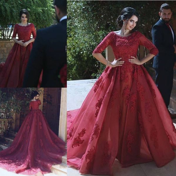dark red lace overskirt evening dresses with half sleeves bateau neck appliqued a line prom gowns sweep train organza formal dress, Black;red
dark red lace overskirt evening dresses with half sleeves bateau neck appliqued a line prom gowns sweep train organza formal dress, Black;red