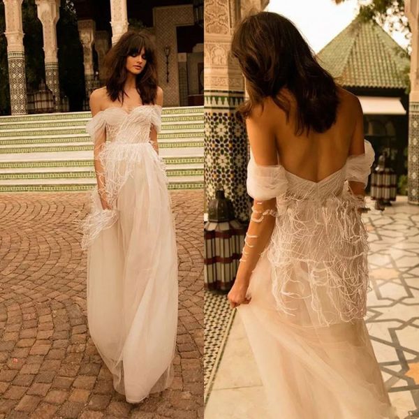 лиз мартинес 2018 слоновой кости перо свадебные платья с плеча спинки бохо свадебные платья старинные тюль пляж свадебное платье, White