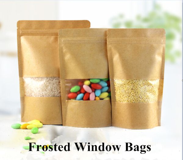 self-sealed stand up kraft paper brown food storage bag with dull polish/matte window pouches zipper bag