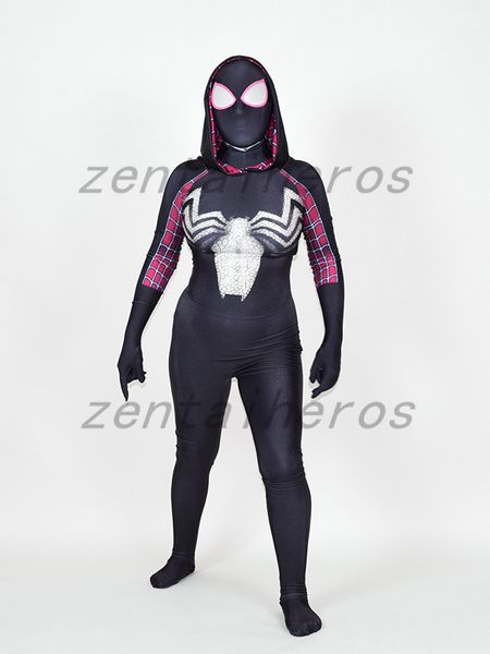 woman gwenom cosplay costume venom symbiote gwen spider suit1256, Black;red