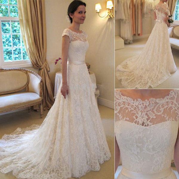 romantic scoop neck a line wedding dresses 2019 lace appliques court train cap sleeve wedding bridal gowns, White
romantic scoop neck a line wedding dresses 2019 lace appliques court train cap sleeve wedding bridal gowns, White