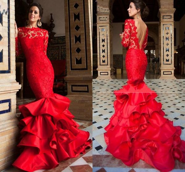 red lace prom dresses mermaid 2016 latest amazing layered bottom long sleeve evening dresses long backless sweep train celebrity party gowns, Black
red lace prom dresses mermaid 2016 latest amazing layered bottom long sleeve evening dresses long backless sweep train celebrity party gowns, Black