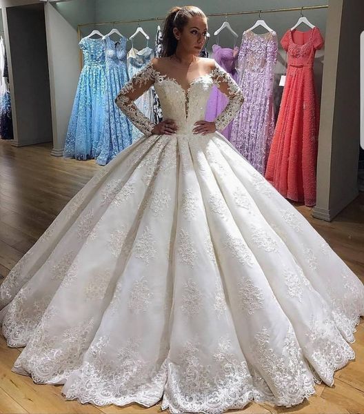 скромный кружева бальное платье свадебные платья с длинным рукавом sheer декольте страна свадебные платья пышные юбки 2018 vestido де новия, White 
скромный кружева бальное платье свадебные платья с длинным рукавом sheer декольте страна свадебные платья пышные юбки 2018 vestido де новия, White