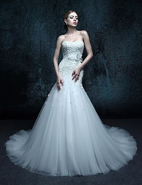 2016 sale fashion trumpet/mermaid charming chapel train lace-up sweetheart appliques tulle wedding dresses 219, White
2016 sale fashion trumpet/mermaid charming chapel train lace-up sweetheart appliques tulle wedding dresses 219, White