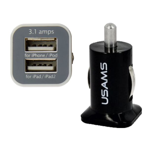 

100pcs usams 3.1a dual usb car 2 port charger 5v 3100mah double plug car chargers adapter for htc samsung s3 s4 s5