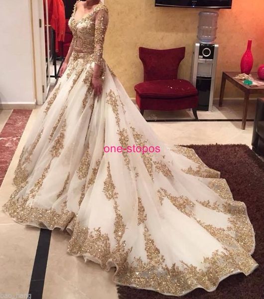 a line wedding dresses 2017 luxury plus size gold lace appliques beaded long sleeve v neck illusion cathedral train formal bridal gowns, White
a line wedding dresses 2017 luxury plus size gold lace appliques beaded long sleeve v neck illusion cathedral train formal bridal gowns, White