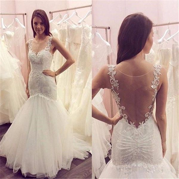 lace mermaid wedding dress sheer straps see through back sweetheart appliques long bridal gowns vestidos de novia, White
lace mermaid wedding dress sheer straps see through back sweetheart appliques long bridal gowns vestidos de novia, White