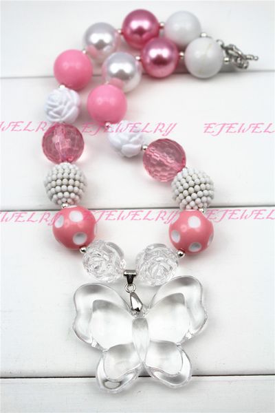 white butterfly pink beads chunky necklaces for girls and kids cb252