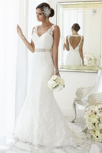 new charming lace mermaid wedding dresses backless sleeveless v-neck beaded belt sweep train bridal gowns custom made, White
new charming lace mermaid wedding dresses backless sleeveless v-neck beaded belt sweep train bridal gowns custom made, White