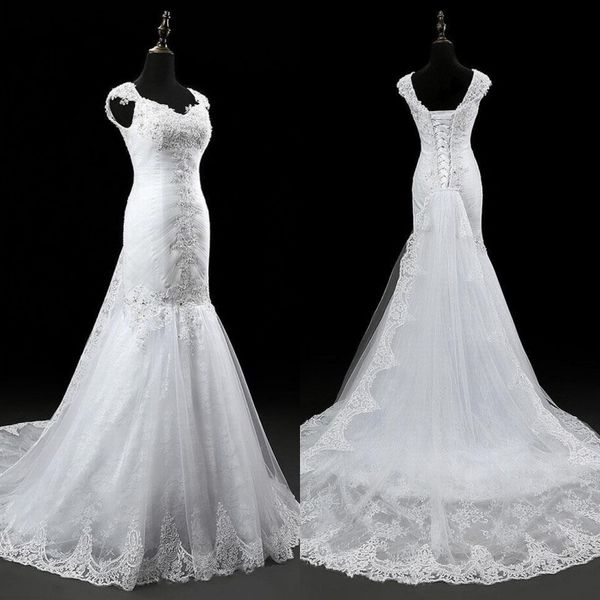 elegant mermaid wedding gowns ruched beaded lace appliques tulle wedding dress corset bridal gowns detachable train, White
elegant mermaid wedding gowns ruched beaded lace appliques tulle wedding dress corset bridal gowns detachable train, White