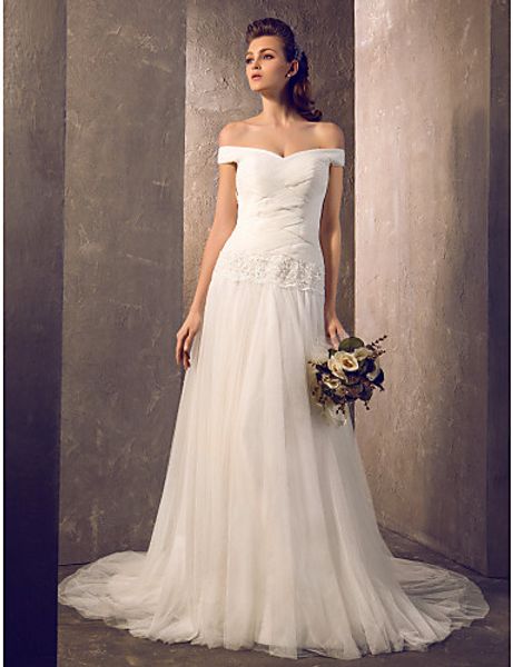 2016 new fashion popular ivory sweep/brush train appliques off-the-shoulder tulle sheath outdoor wedding dresses 175, White
2016 new fashion popular ivory sweep/brush train appliques off-the-shoulder tulle sheath outdoor wedding dresses 175, White