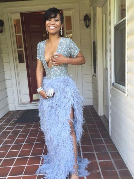 feather deep v neck evening gowns sky blue side split new formal dresses bling sequined african dress with sleeves, Black;red
feather deep v neck evening gowns sky blue side split new formal dresses bling sequined african dress with sleeves, Black;red