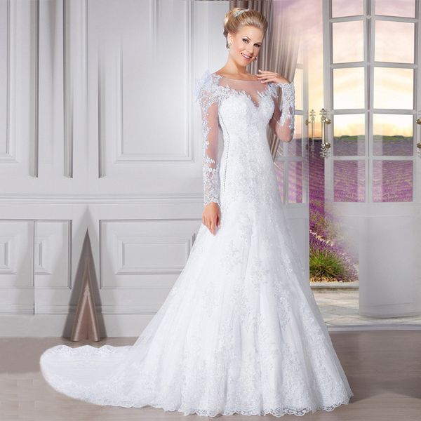 custom long sleeves lace mermaid wedding dresses 2018 with beaded appliques sweep train backless wedding bridal gowns, White 
custom long sleeves lace mermaid wedding dresses 2018 with beaded appliques sweep train backless wedding bridal gowns, White