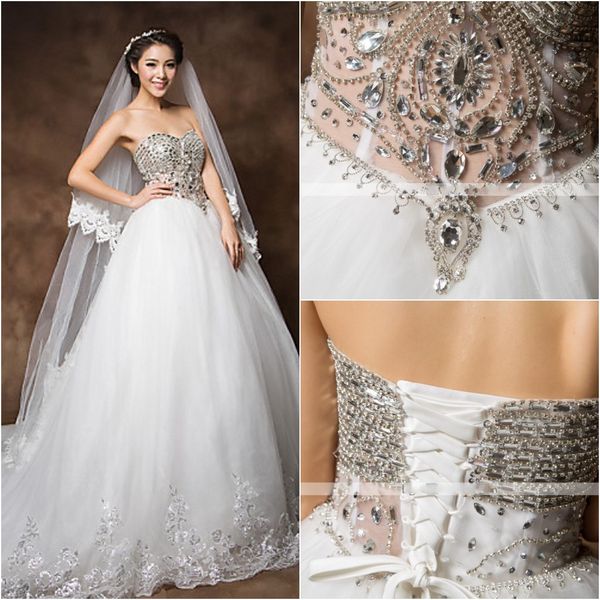 2016 new fashion elegant ball gown strapless crystal beads organza cathedral train wedding dresses 210, White
2016 new fashion elegant ball gown strapless crystal beads organza cathedral train wedding dresses 210, White