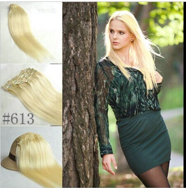 5a 10pcs/set 160g/set 18"-26" #613 light blonde real human hair/brazilian hair clips in extensions real straight full head dhl fre, Black
5a 10pcs/set 160g/set 18"-26" #613 light blonde real human hair/brazilian hair clips in extensions real straight full head dhl fre, Black