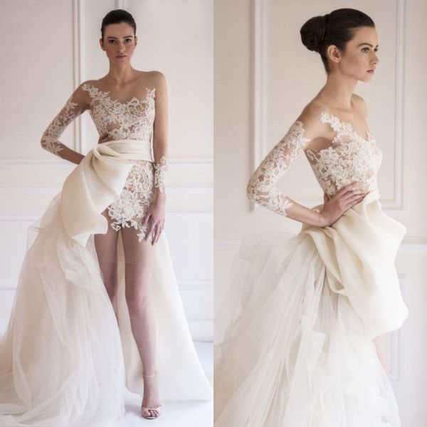2017 stunning maison yeya beach wedding dresses sheer bateau illusion long sleeve lace/tulle bridal gowns high-low wedding dress big bow, White
2017 stunning maison yeya beach wedding dresses sheer bateau illusion long sleeve lace/tulle bridal gowns high-low wedding dress big bow, White
